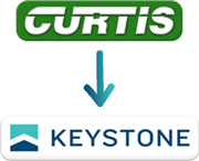 Curtis logo, curly arrow, then Keystone logo